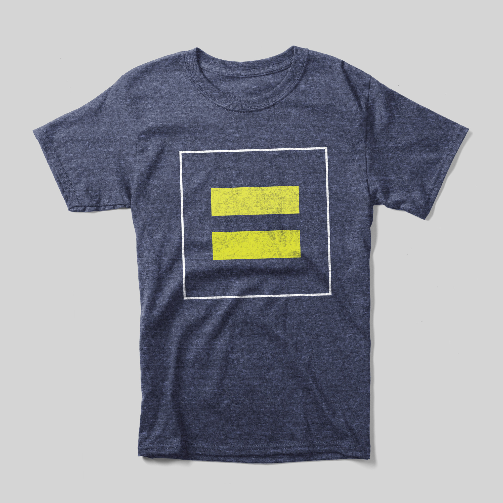 A heather blue t-shirt with the Human Rights Campaign Equality logo (a yellow equals sign inside of a white-lined square).