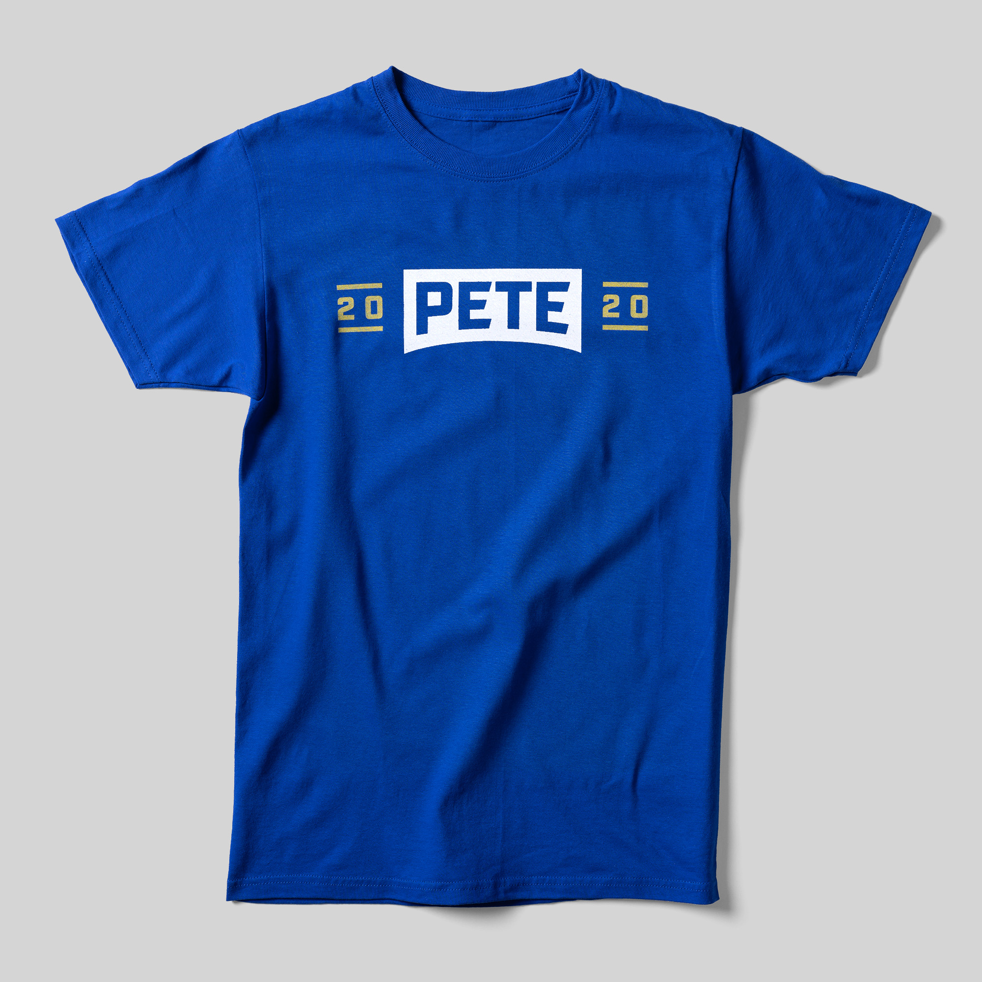 A royal blue t-shirt that reads "20 Pete 20.
