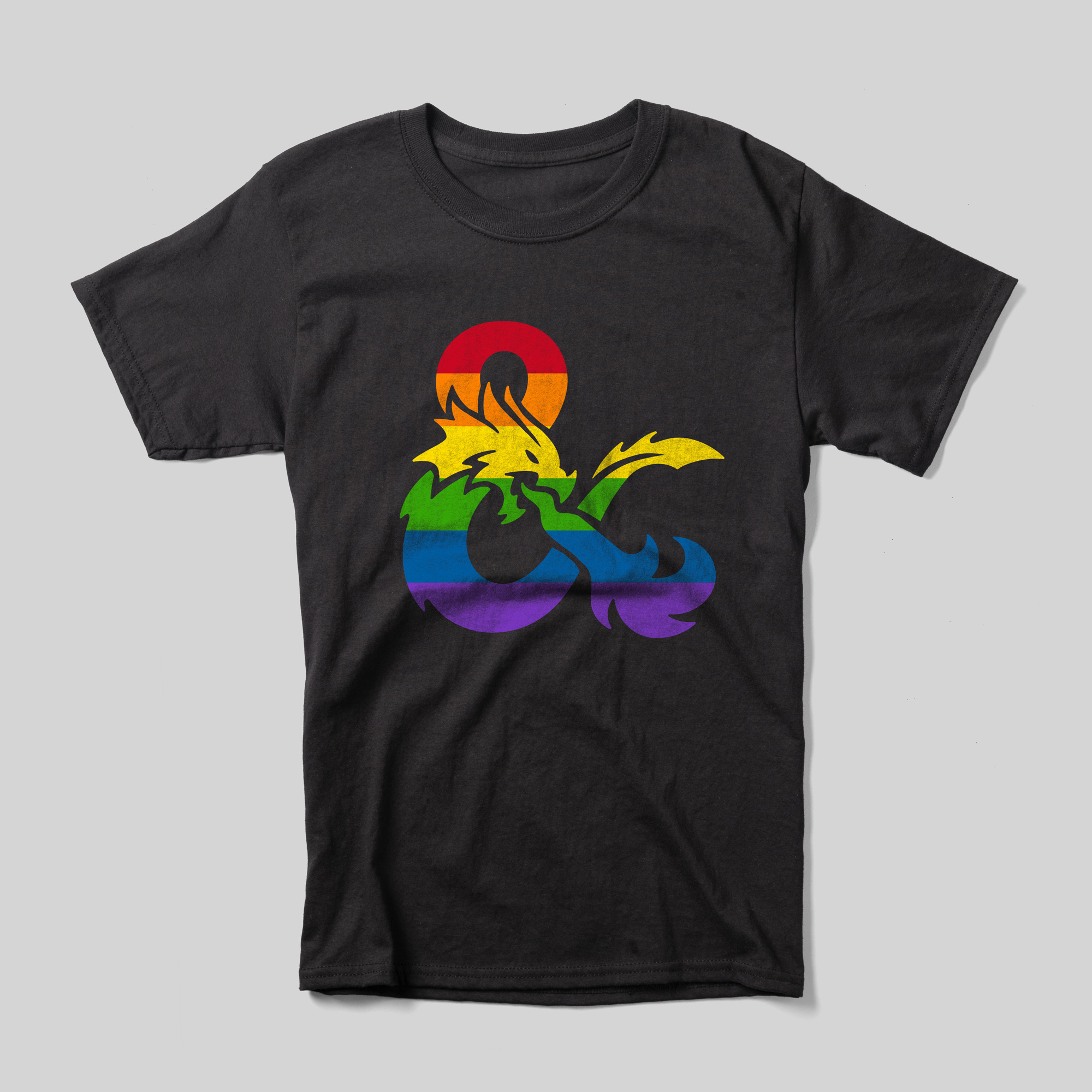 A black t-shirt displaying the ampersand (&) from the Dungeons & Dragons logo with rainbow colors.