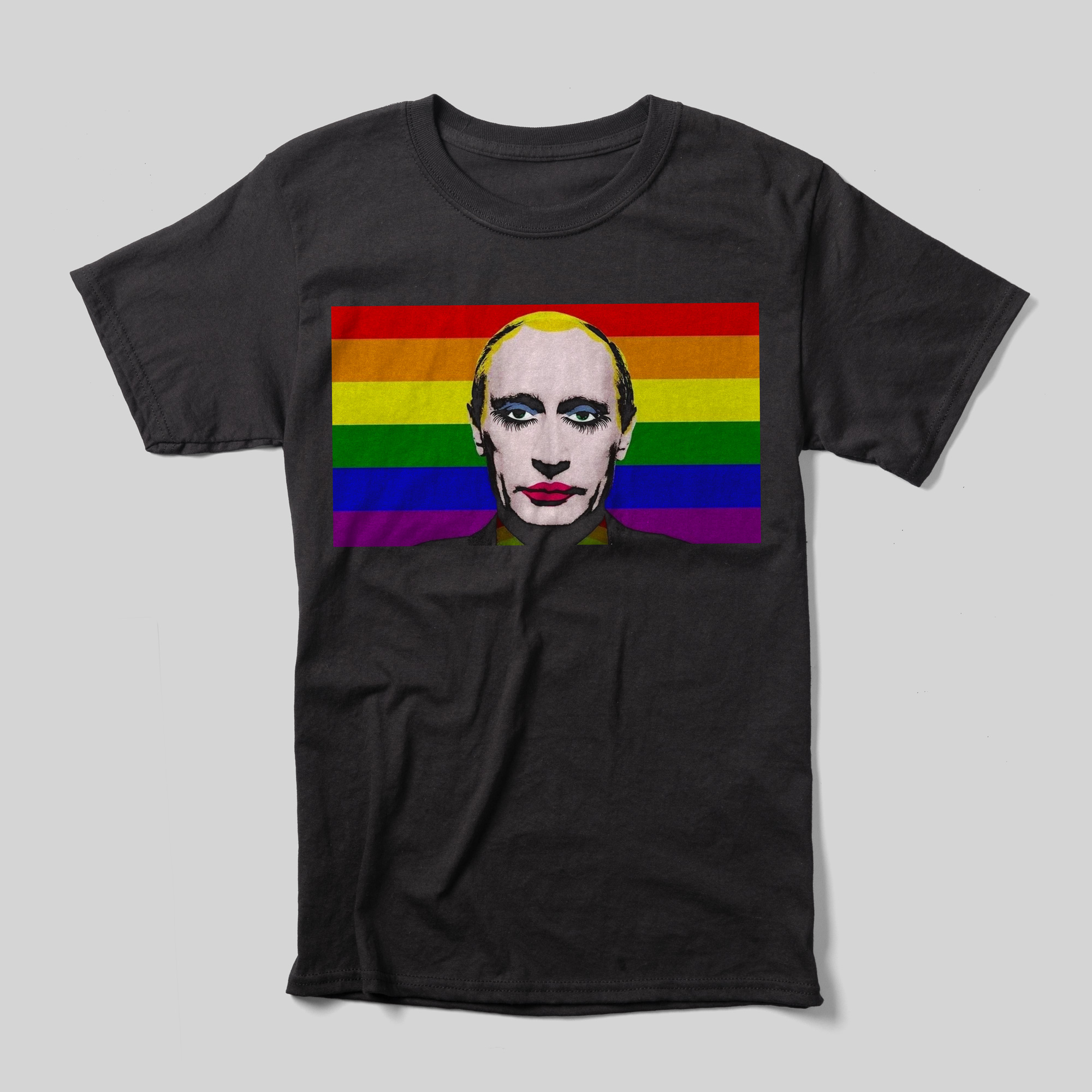 A black t-shirt with a rainbow flag and an illustration of Vladimir Putin in front wearing drag makeup.