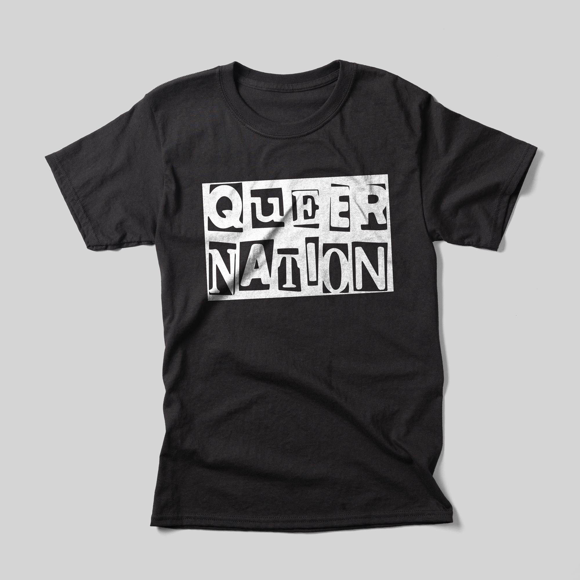 A black t-shirt with the logo for Queer Nation in white.