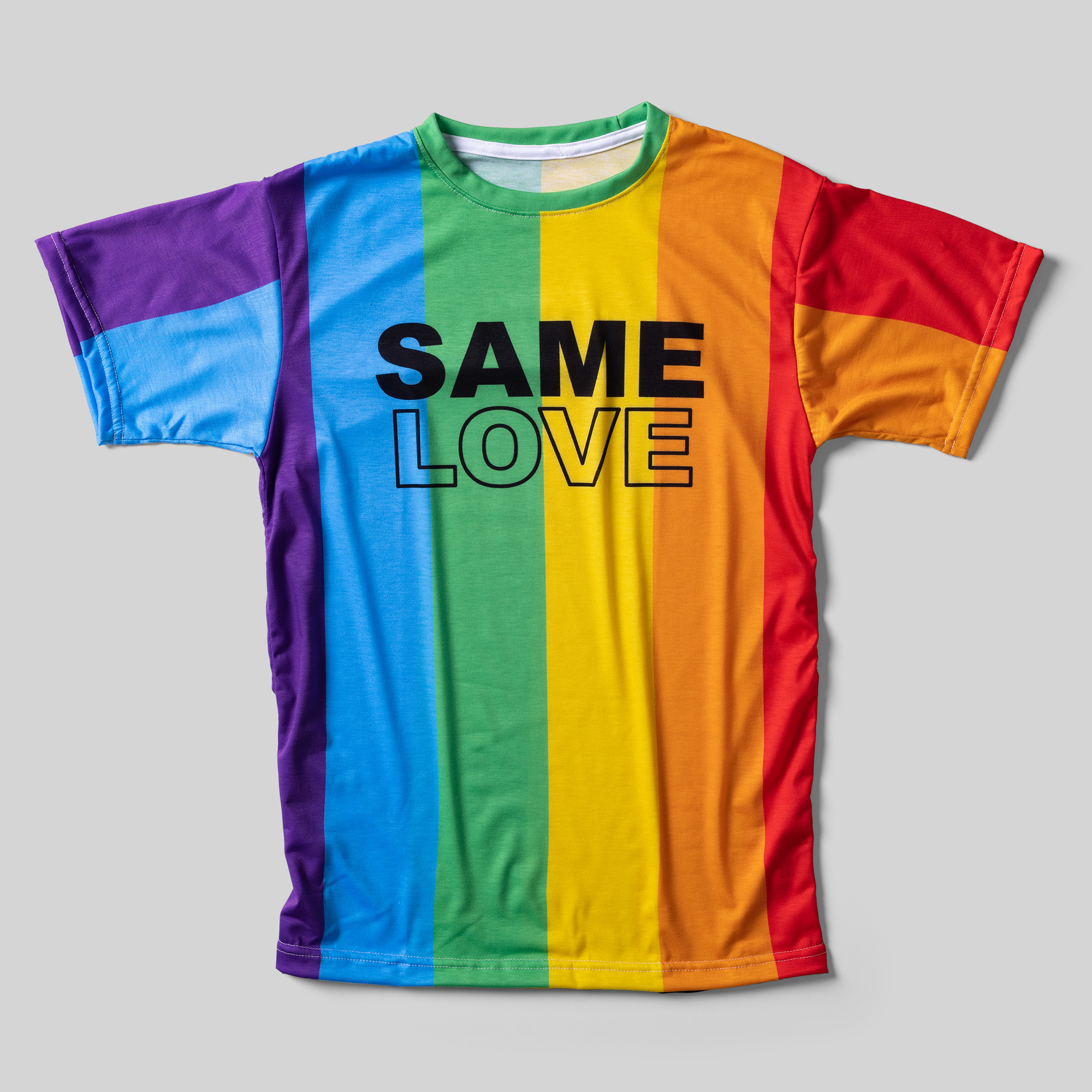 A rainbow-colored athletic shirt that reads Same Love in black text.