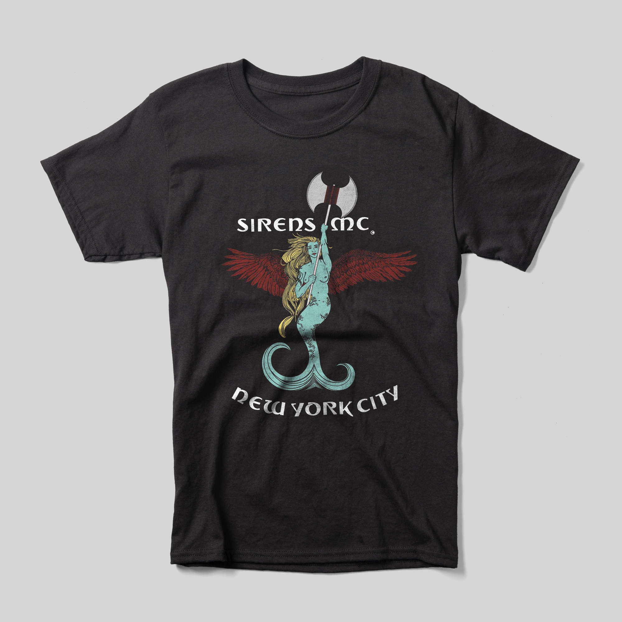 A black t-shirt that reads "Sirens MC New York City" with an illustration of a siren (a mythological creature who is half-bird and half-woman) holding a labrys.