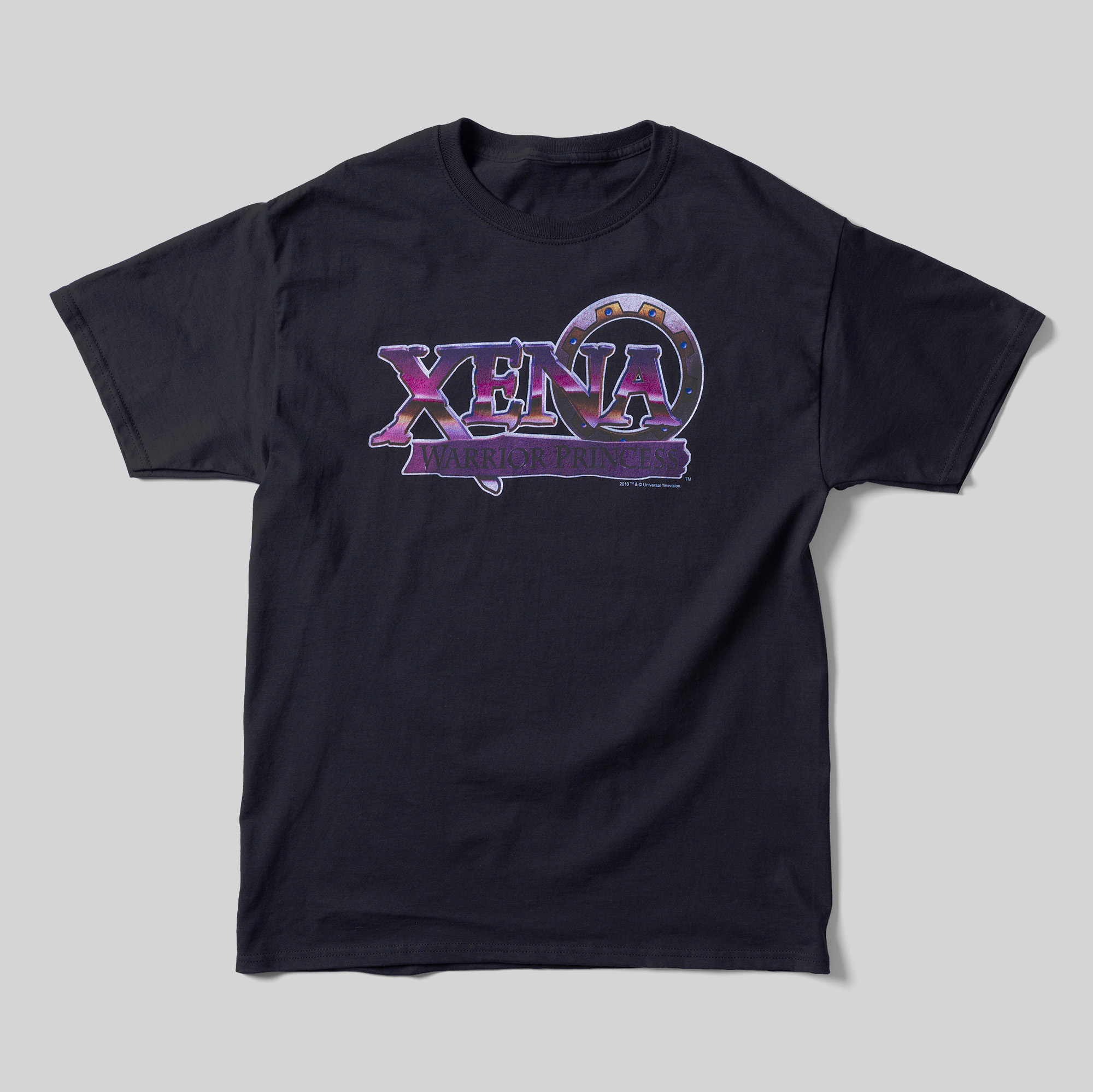 A black t-shirt with the logo for Xena: Warrior Princess.