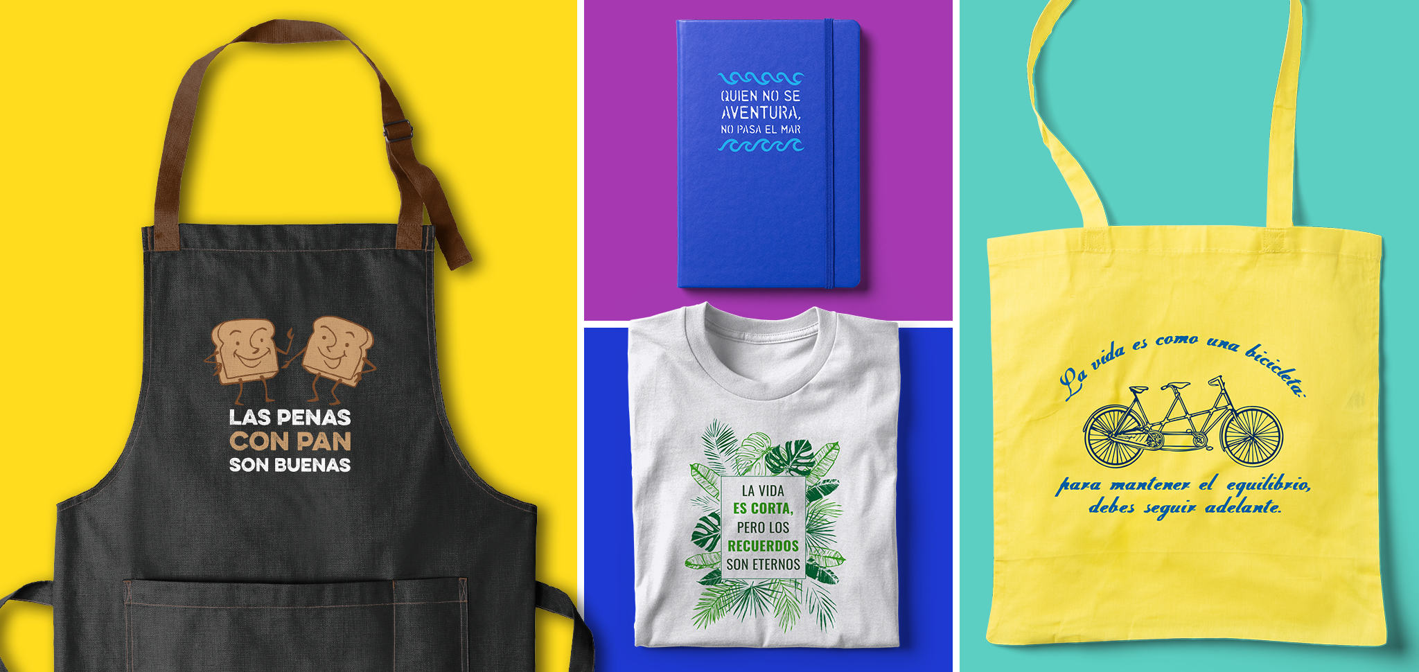 An apron, notebook, t-shirt, and tote bag with Mexican sayings and proverbs printed on them. 