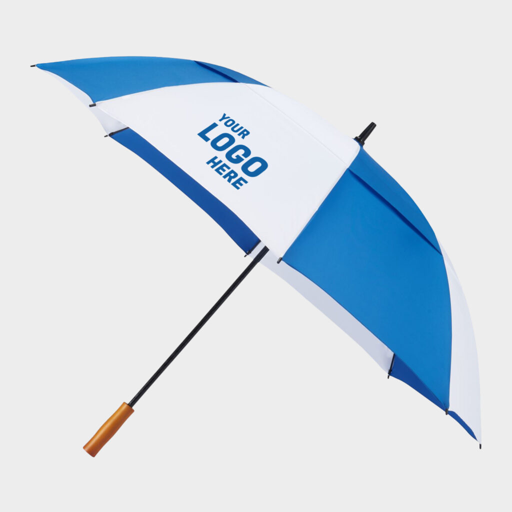 A custom umbrella with "Your Logo Here" printed on the canopy. 