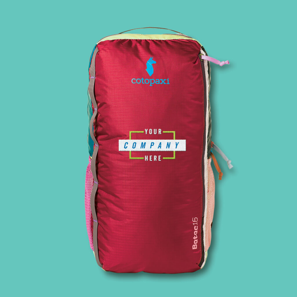 A custom Cotopaxi backpack with the design "Your Company Here" on the front. 
