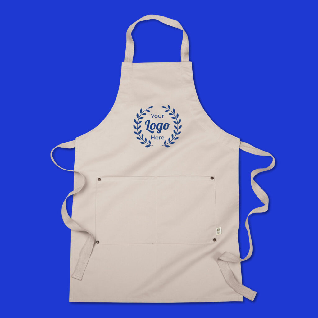A beige apron with a "Your Logo Here" design on the front. 
