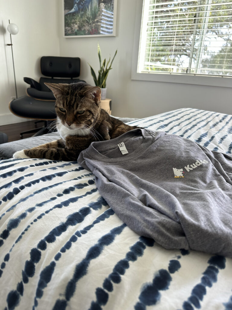 A regal-looking feline with a white bib and half-closed eyes relaxes next to a gray custom Kudos shirt