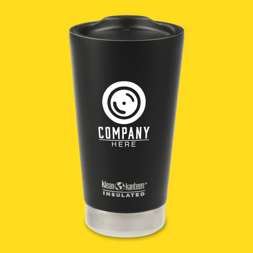 A custom travel mug with "Your Company Here" printing on the body. 