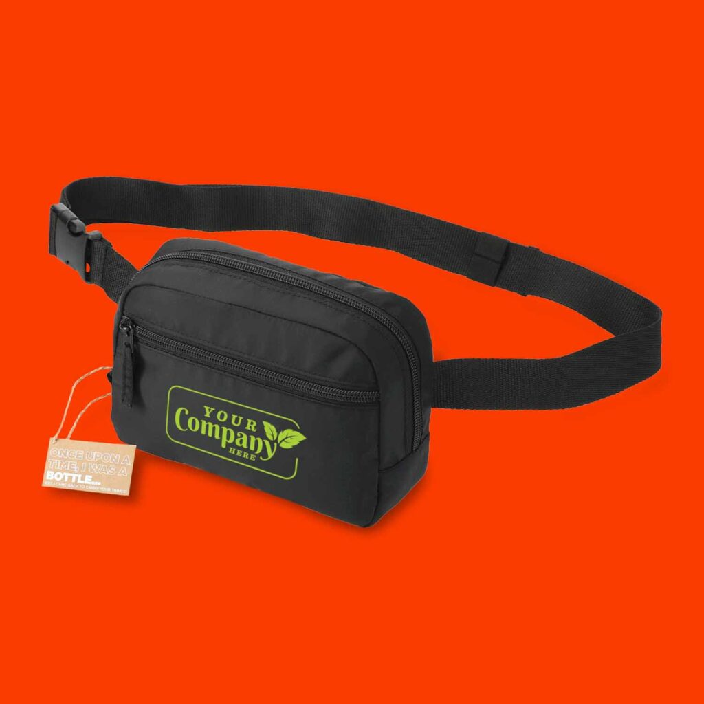 A custom fanny pack with "Your Company Here" printed on the front. 