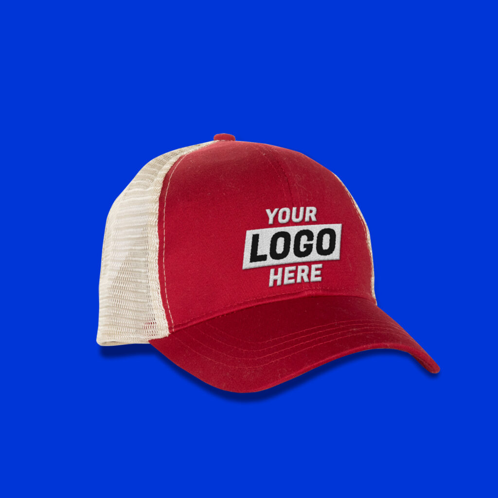 A custom trucker hat with "Your Logo Here" printed on the front. 