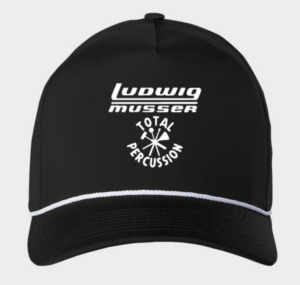 A black baseball cap featuring a white logo that reads "Ludwig Musser: Total Percussion"