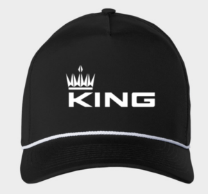 A black baseball cap featuring a white logo that reads "King"
