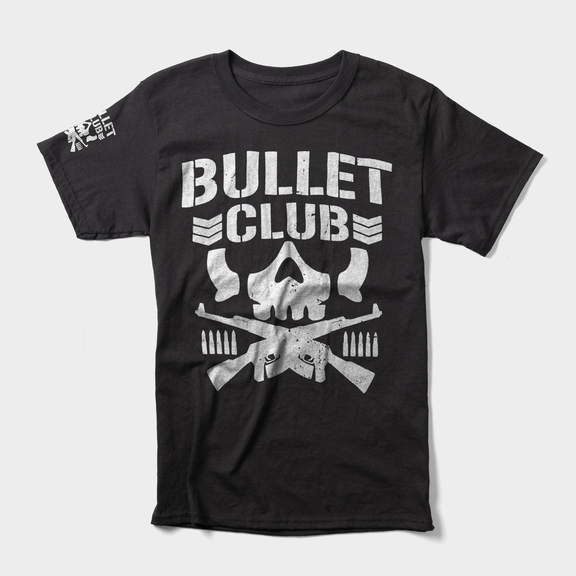 Bullet Club's design is as prolific as their faction and features a skull with two guns and bullets beneath the words "Bullet Club." 