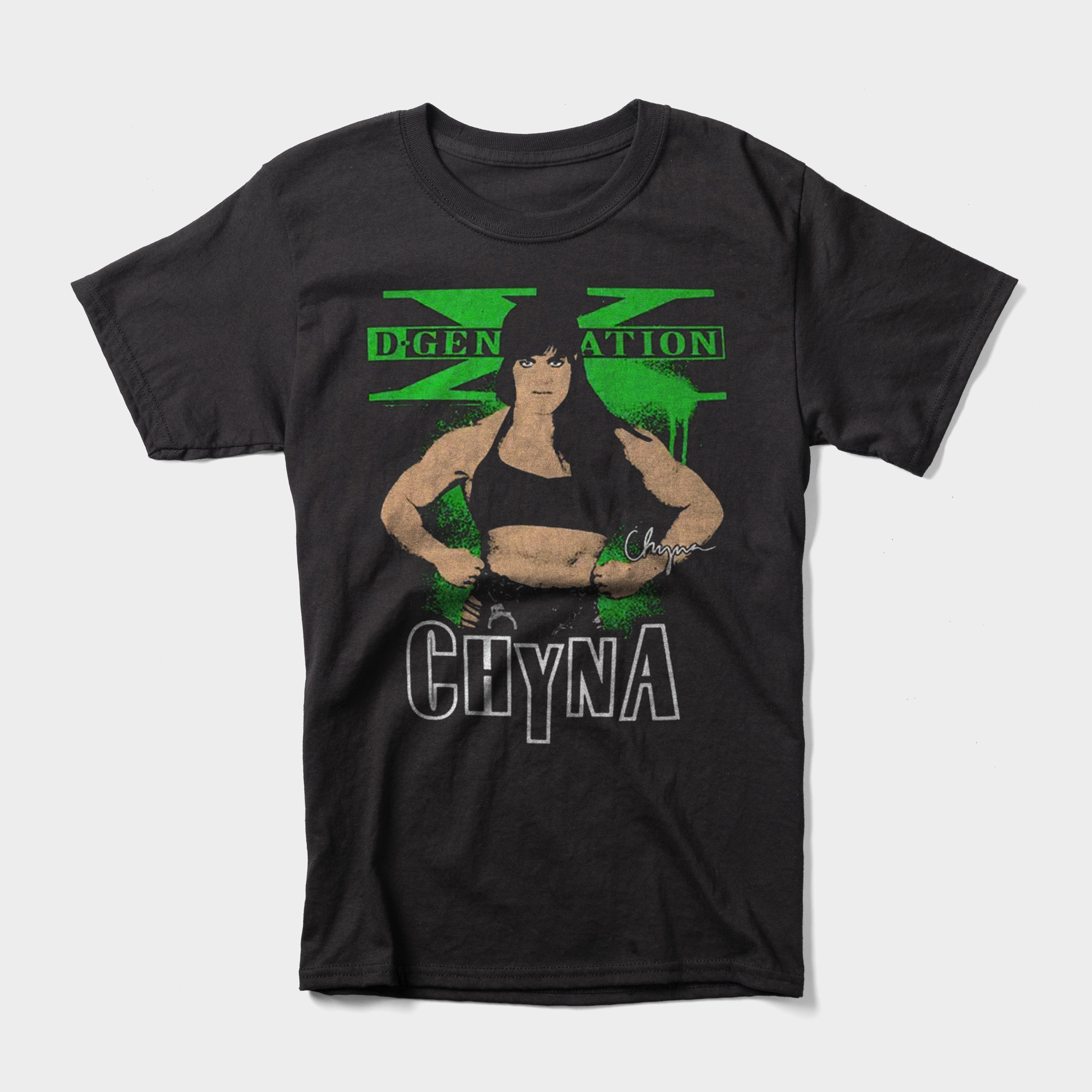 Chyna's t-shirt shows her strong figure that helped her dominate WWE, and the D-Generation X logo. 