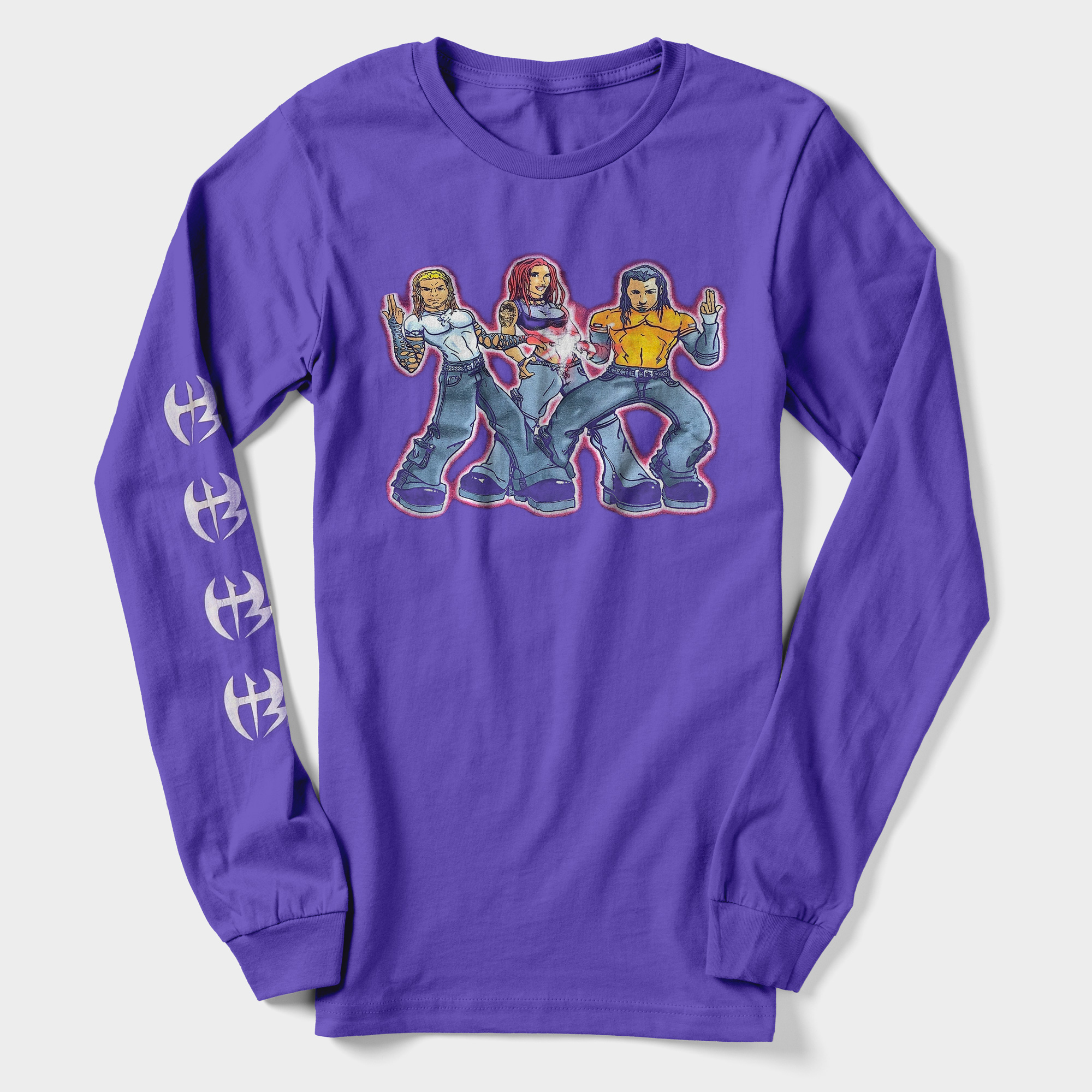 The purple long-sleeve Team Xtreme shirt features cartoon versions of Lita and The Hardy Boyz. 