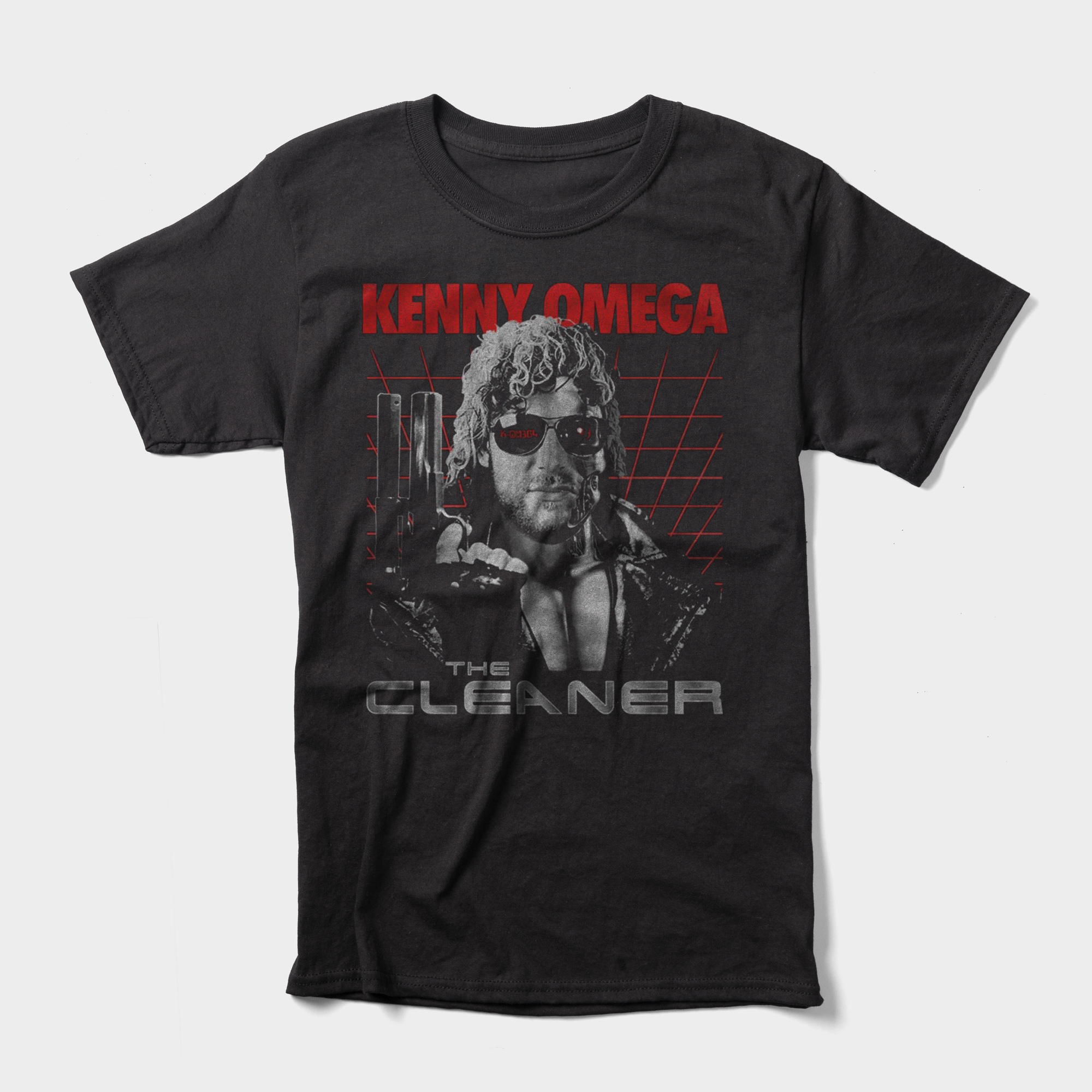 Kenny Omega's t-shirt features an illustration of himself as The Terminator with the text "The Cleaner" beneath it. 