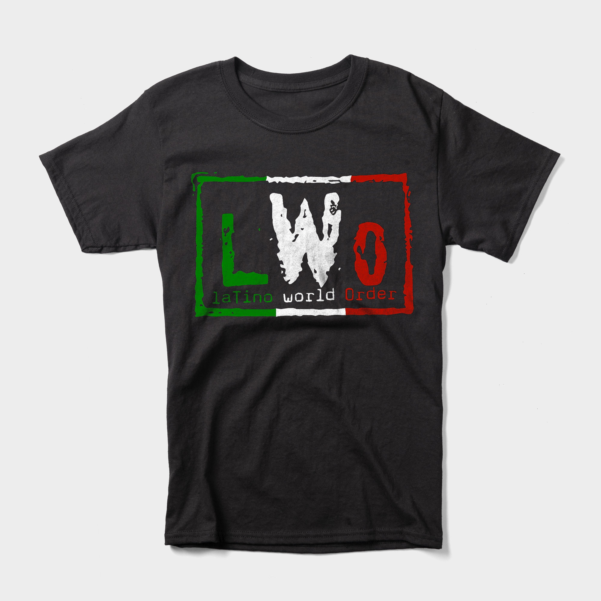 The Latino World Order shirt uses the same design as the New World Order but in the style of the flag of Mexico. 