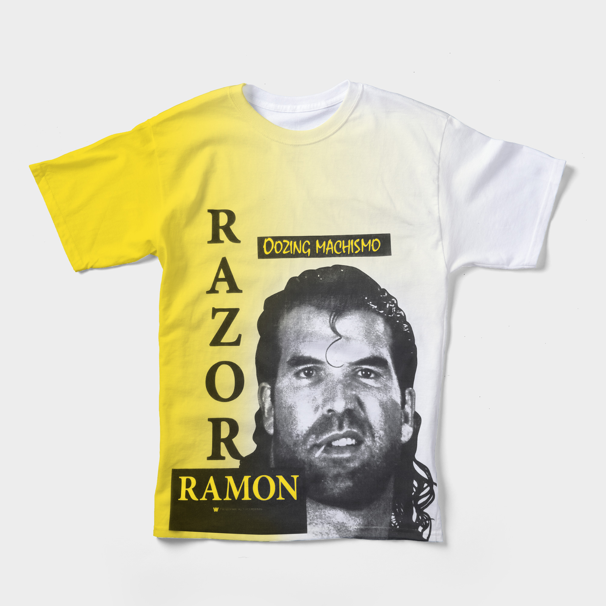 Razor Ramon's yellow t-shirt featuring his photo demonstrated his oozing machismo. 