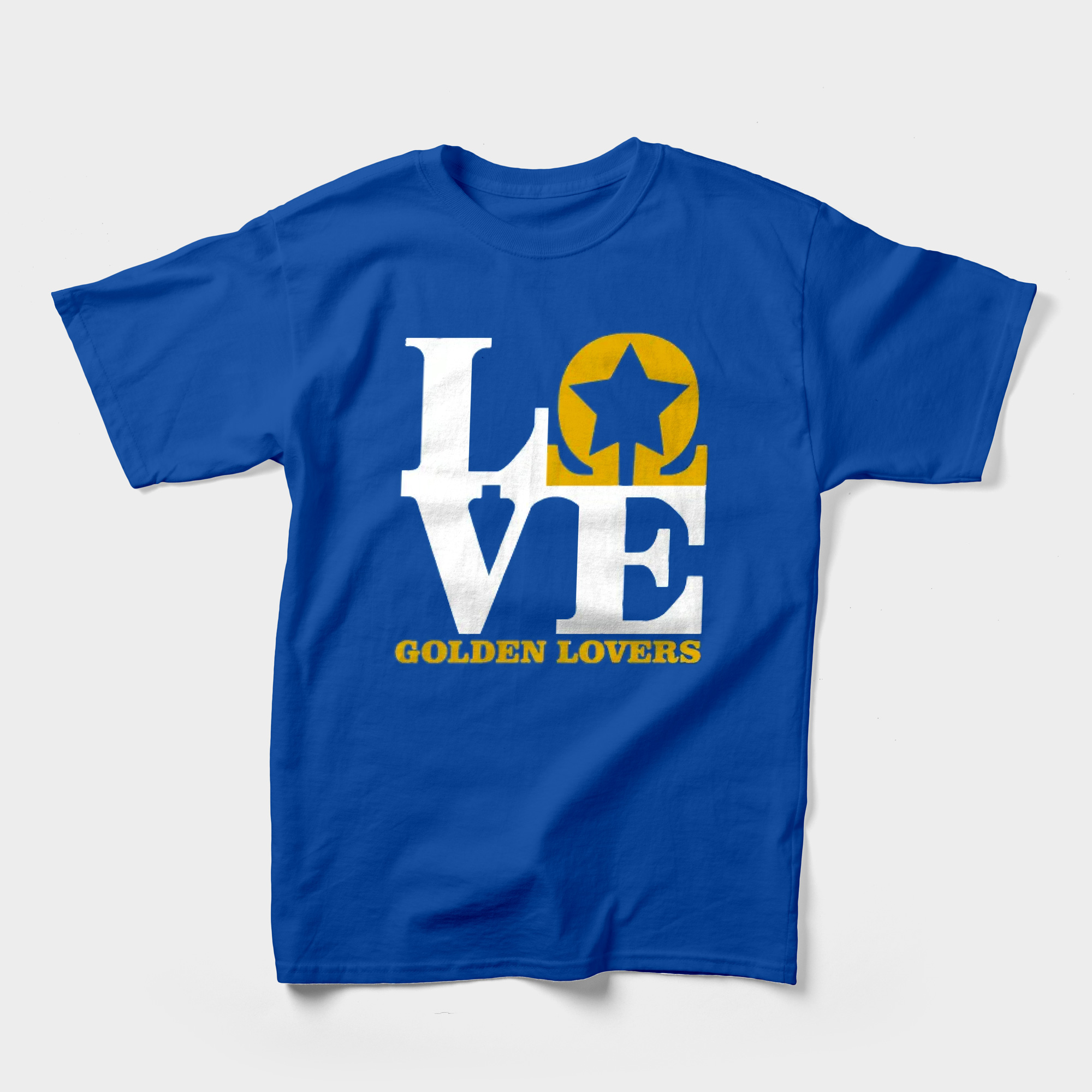 The Golden Lovers' (Kenny Omega and Kota Ibushi) blue t-shirt with the text "LOVE" above "The Golden Lovers." The O in "LOVE" is the Golden Lovers emblem. 
