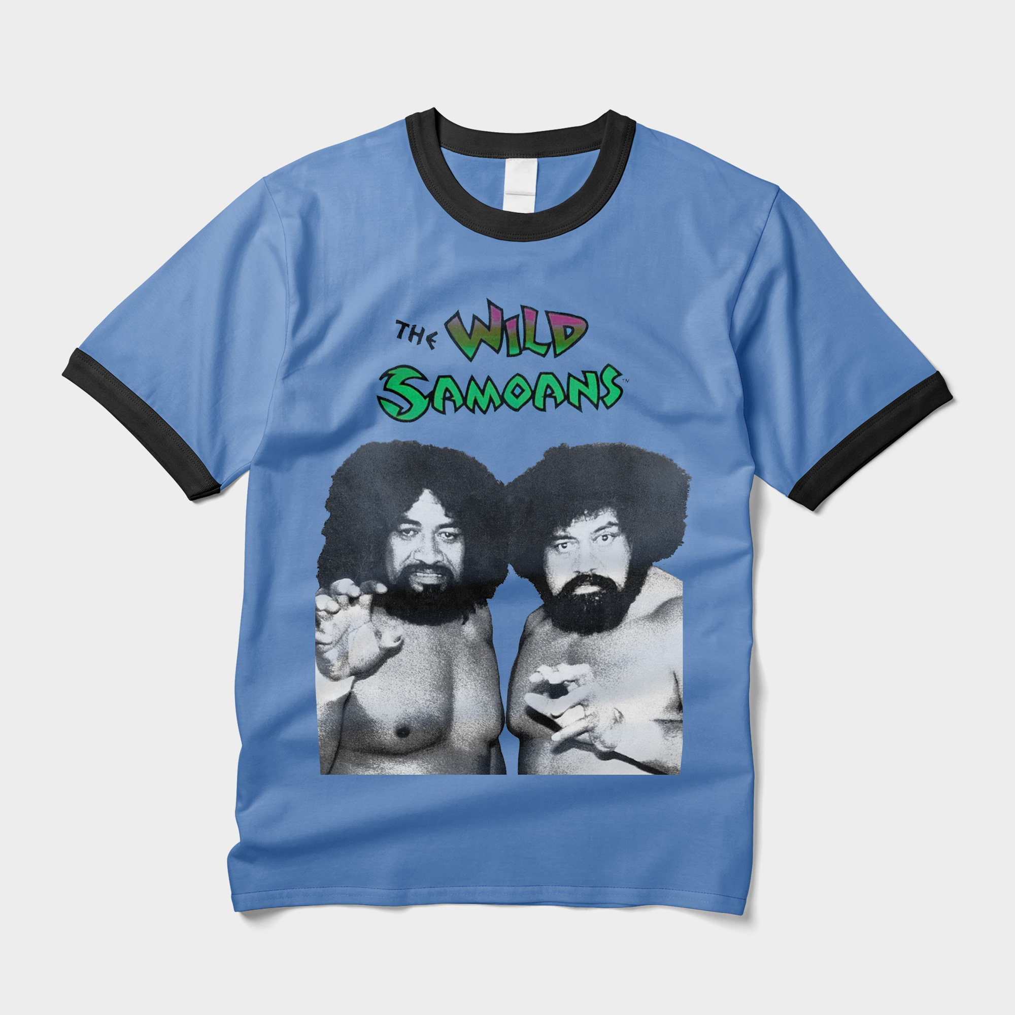 The Wild Samoan's t-shirt has a vintage feel with a heather blue fabric and a black-and-white photo of themselves. 