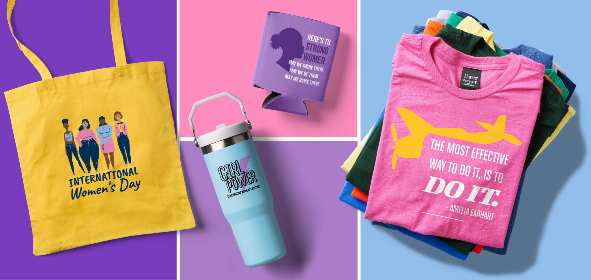 A collage displaying various custom products with motivation quotes for women printed on them, including a yellow tote bag, a baby blue stainless steel tumbler, a lavender Koozie, and a stack of custom t-shirts.