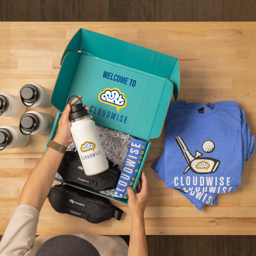 new hire welcome kit being organized 